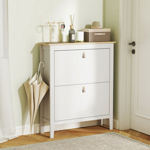 Narrow white and oak-effect shoe cabinet with 2 tilt drawers – 10 to 14 pairs