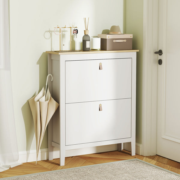 Narrow white and oak-effect shoe cabinet with 2 tilt drawers – 10 to 14 pairs