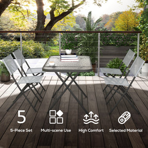 5 Piece Folding Garden Dining Set with 4 Seater Chairs and Large Rectangular Glass Table, Grey