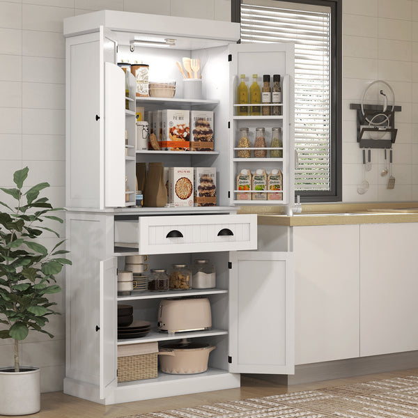 71" Kitchen pantry with LED lighting, 6 spice racks, 1 drawer and 4 adjustable shelves, white