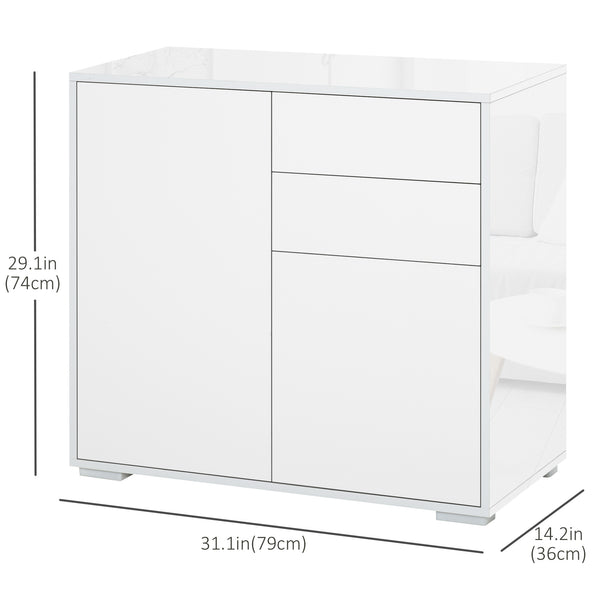 High gloss lacquered sideboard with 2 drawers, 2 doors and an adjustable shelf, push-to-open, white