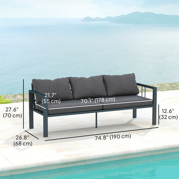 3-seater aluminum outdoor sofa with cushions, wide seat and armrests, dark gray