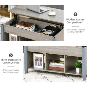 Lift-up coffee table with hidden compartment and 3 lower shelves, grey