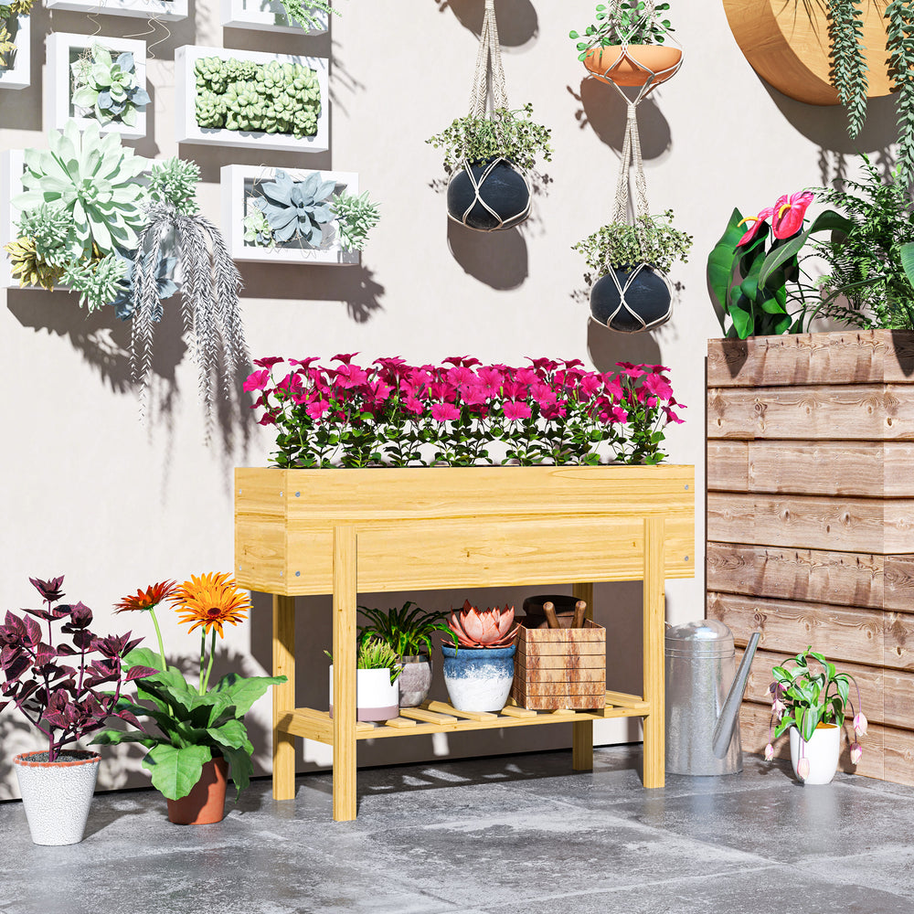 Raised Bed with Storage Shelf, Garden Patio Covering, Natural Wood