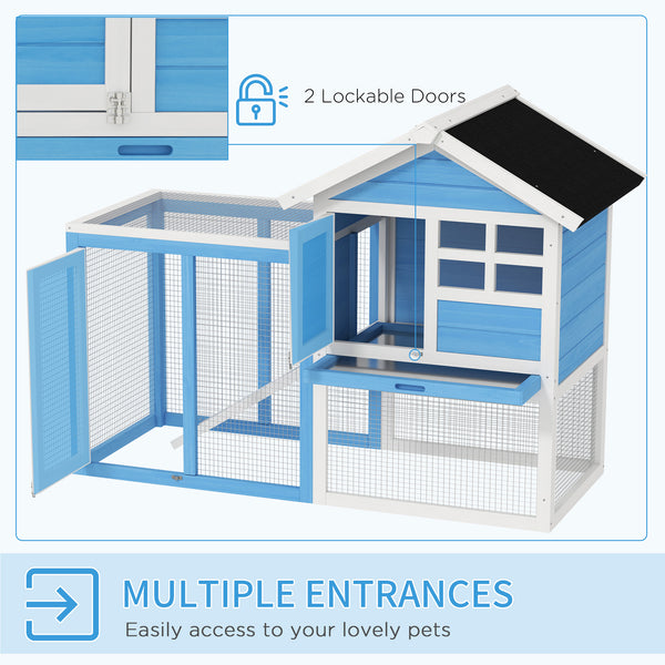 49" Wooden Hutch with Slanted Roof and Run, Light Blue