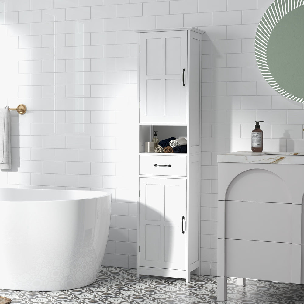 Modern Narrow Bathroom Cabinet with Open Shelf Drawer, Recessed Doors, and Adjustable Shelves, White