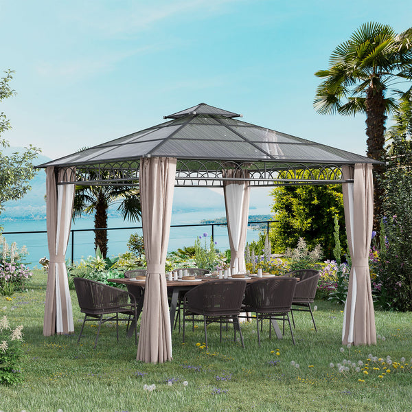Abri extérieur double toit rigide avec moustiquaire et rideaux, protection pour jardin et terrasse