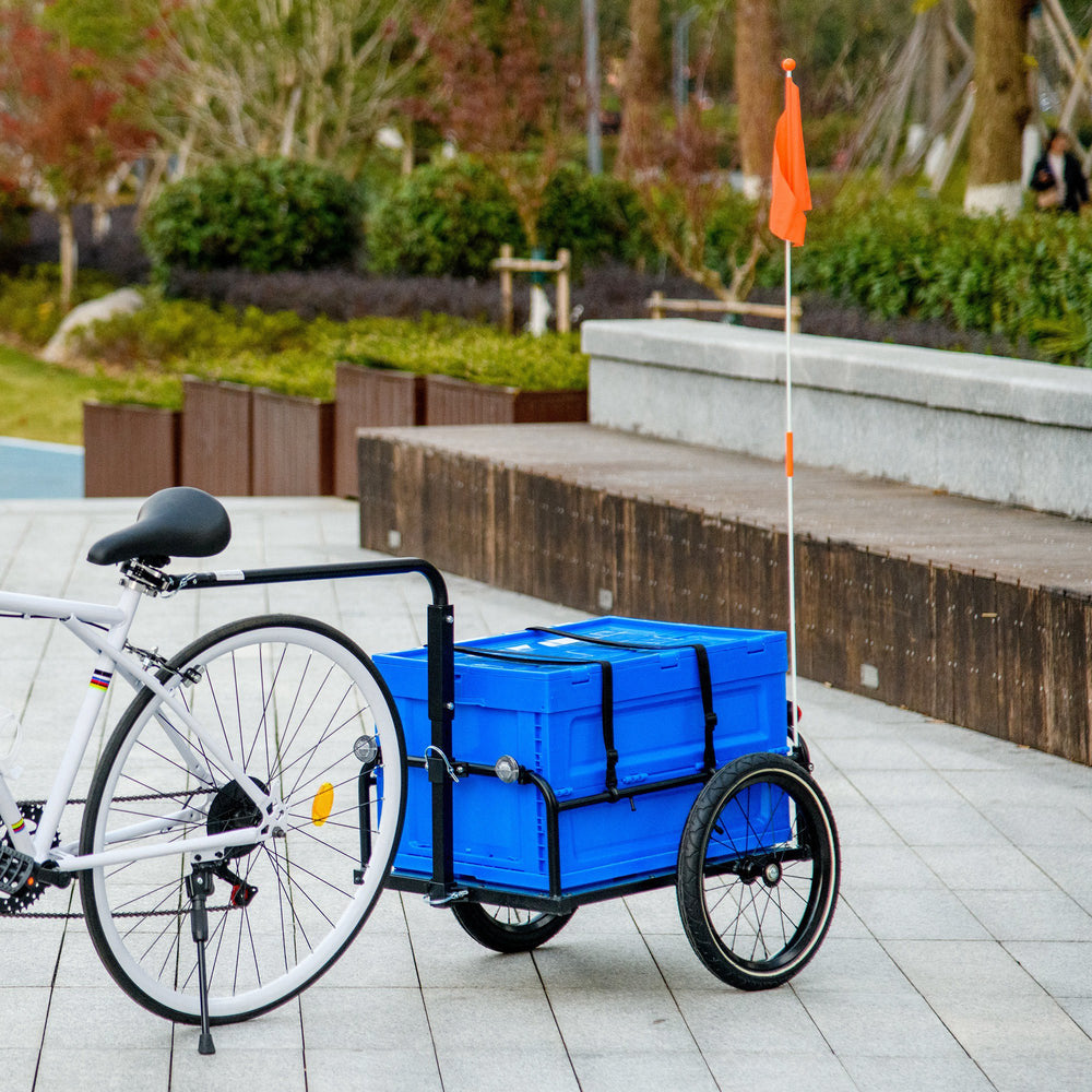 Steel bicycle trailer with foldable storage box and safety reflectors