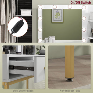 LED Lighted Dressing Table with Mirror, 3 Drawers and Storage Shelves, White 