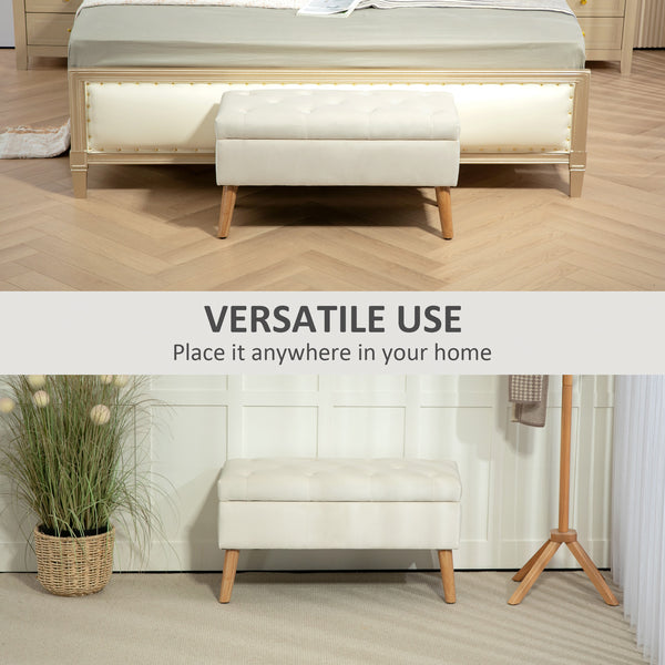 Storage ottoman with velvet upholstered lid and wooden legs, cream white