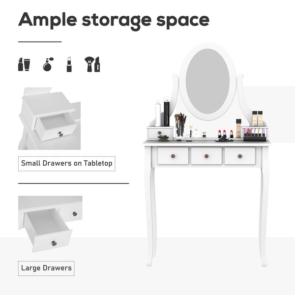 Wooden dressing table with 360° rotating mirror, 5 drawers and padded stool, white