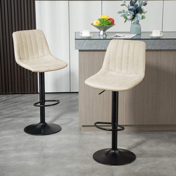 Set of 2 height-adjustable leather bar stools with swivel seats, cream white