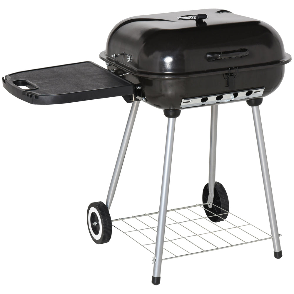 Charcoal BBQ Grill with Warming Rack & Storage Side Table, Portable Barbecue Smoker, 89 x 60 x 83 cm, Black
