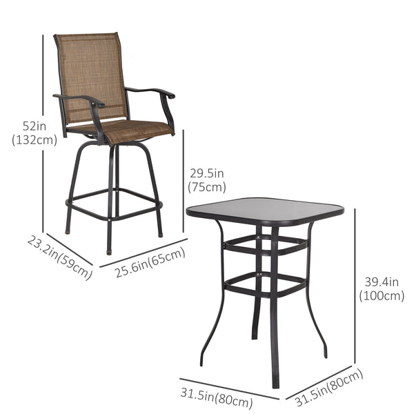 3-Piece Outdoor Bar Set, 2 Swivel Stools and 1 Bar Table, Brown