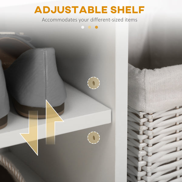 Shoe bench with padded cushion and hidden storage, white