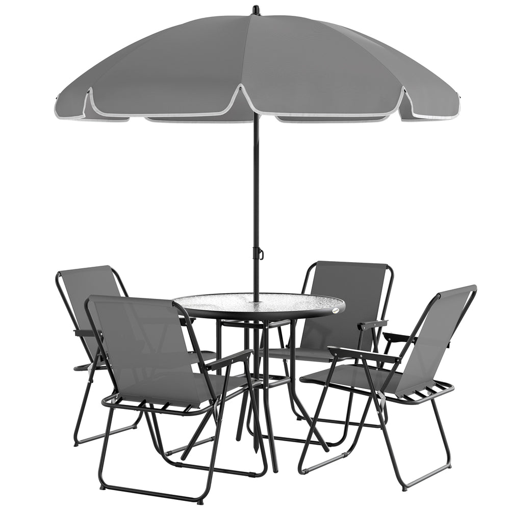 Ensemble salle à manger 6 pièces gris avec parasol, chaises pliantes et table en verre, idéal pour jardin et terrasse