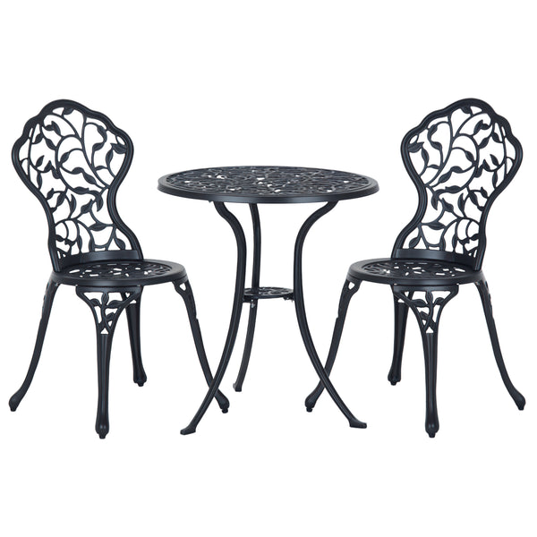 Patio table and chairs with cast aluminum frame, black