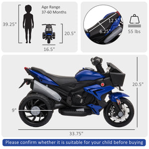 6V electric motorcycle with musical horn and headlights, blue