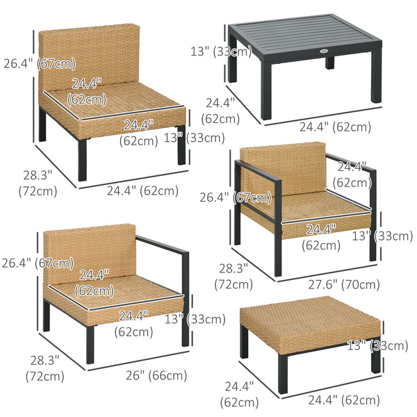 6 Piece Wicker Garden Furniture Set with Sofa, Armchair, Stool, Table, Cushions,