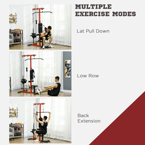 Vertical row machine with adjustable seat and retractable footrest, red