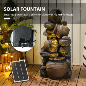 Solar fountain, 4-tier resin waterfall and stacked stones, with LED lighting.