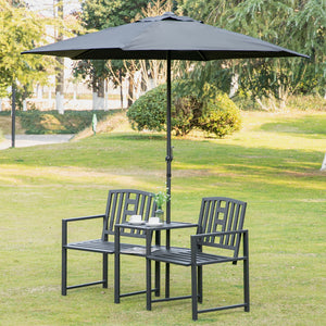 2-seater metal garden bench with central table, black