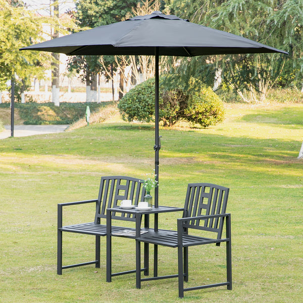 2-seater metal garden bench with central table, black