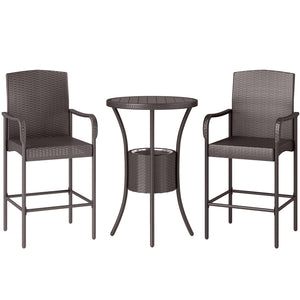 3 Piece Patio Bar Set, Rattan Bistro Table and Chairs, Dark Brown