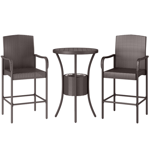 3 Piece Patio Bar Set, Rattan Bistro Table and Chairs, Dark Brown