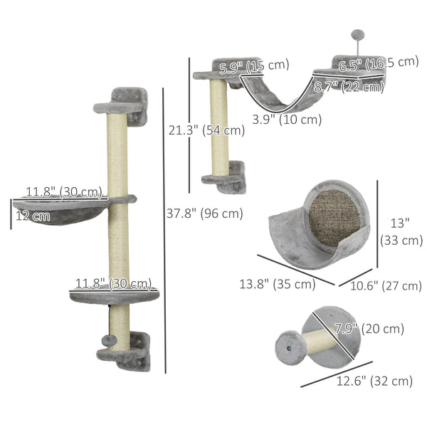 Wall shelves with hammock, scratching post, perches and ladder, light grey