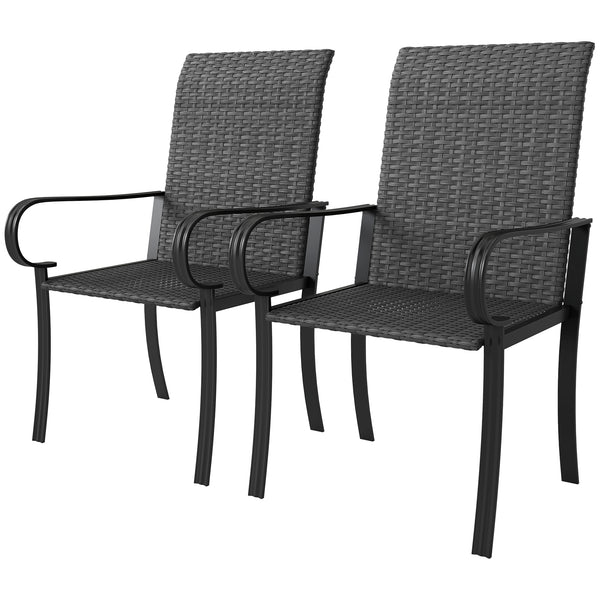 Set of 2 synthetic rattan dining chairs with steel frame, black