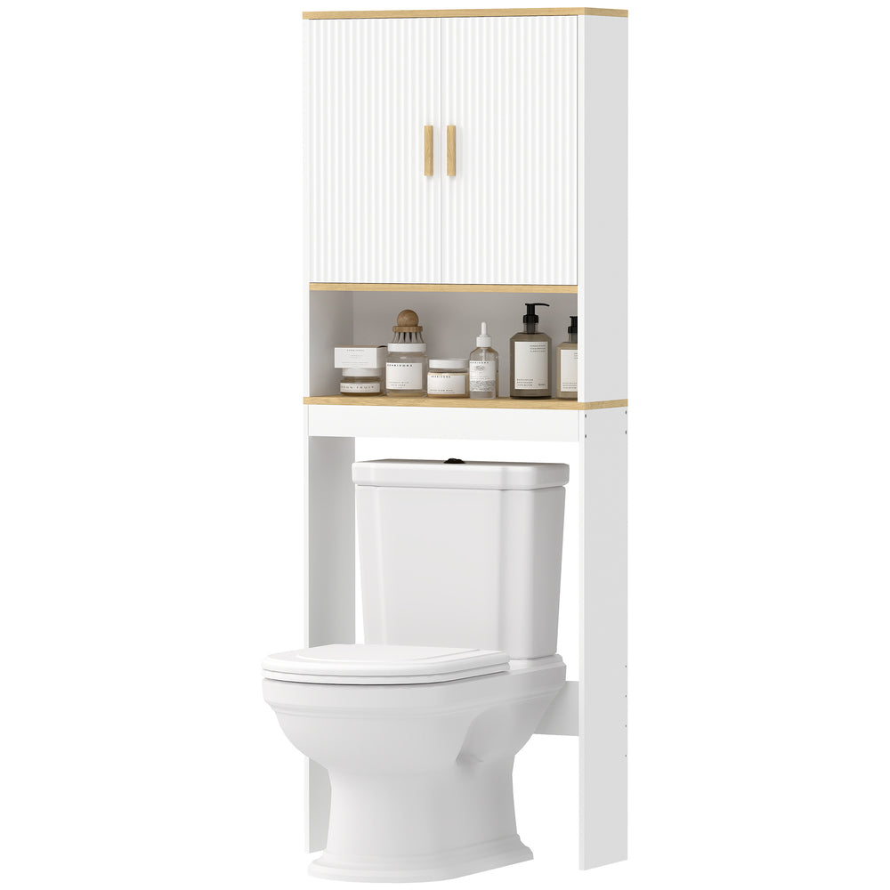 Storage unit to be installed above the toilet, adjustable shelf, bathroom storage cabinet, white and oak