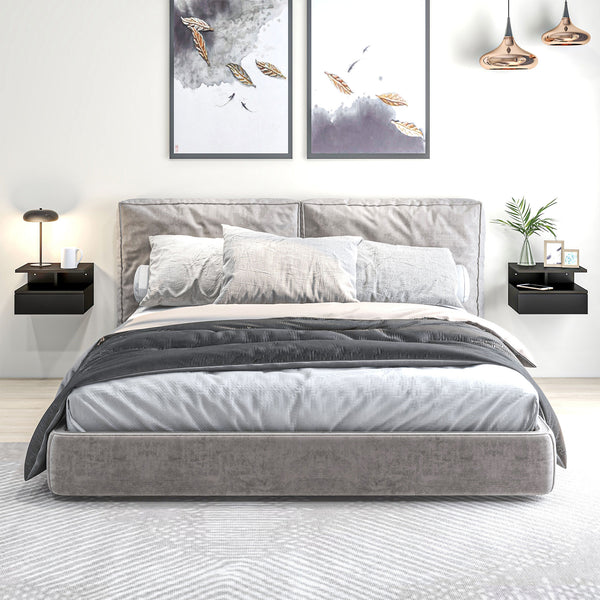 Set of 2 wall-mounted bedside tables with drawer and shelf, black