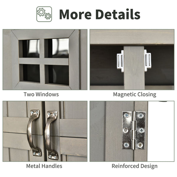Wooden storage unit with windows and double doors, grey