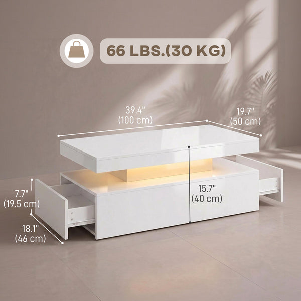 Table basse avec rangement à 2 niveaux et 2 tiroirs pour salon, blanc brillant
