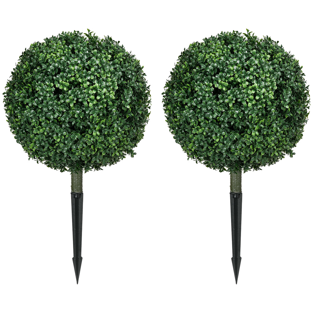 Set of 2 artificial ball-shaped bushes with stakes, UV resistant