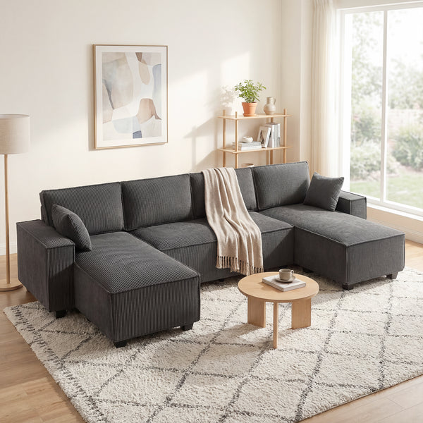 U-shaped modular corner sofa with double chaise longue and spring cushions, dark grey