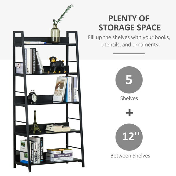 Modern bookcase with wide 5-tier shelves, metal frame, black