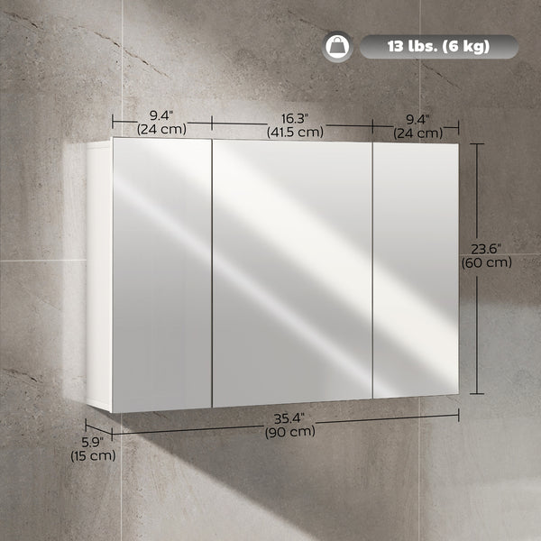Medicine cabinet with mirror, 3 doors and adjustable shelves, white