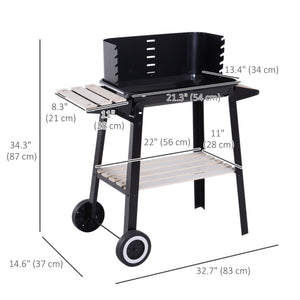 Charcoal barbecue with side shelves, storage shelf and wheels