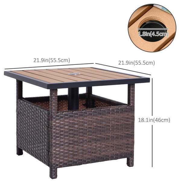 Square synthetic rattan table with parasol hole, can be used as an umbrella stand, brown