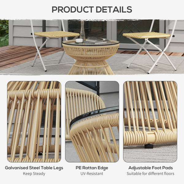 Rattan Outdoor Coffee Table, Patio End Table with Tempered Glass Tabletop & Steel Frame, Wicker Furniture, Nature Wood