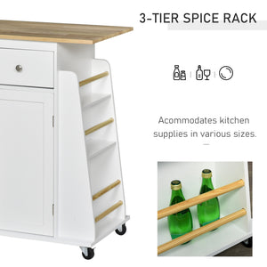 Rolling Kitchen Cart with Rubber Wood Top, 3-Tier Spice Rack and Towel Rack, White.