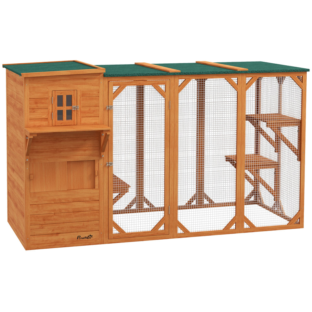 Wooden enclosure with asphalt roof, platforms and lockable doors, orange.