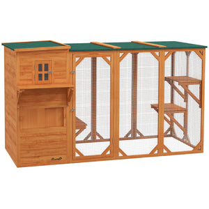 Wooden enclosure with asphalt roof, platforms and lockable doors, orange.
