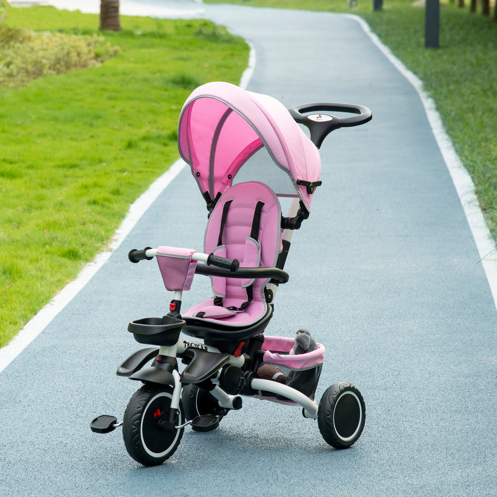 6 in 1 Foldable Tricycle with Adjustable Seat and Push Handle, Pink