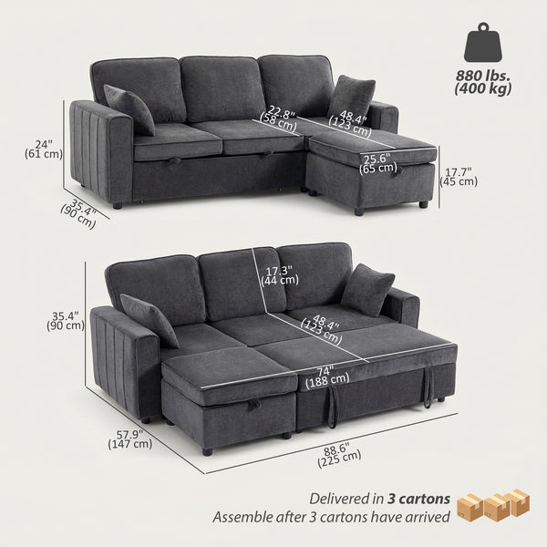 Modular sectional sleeper sofa with reversible storage ottoman with spring cushion, dark grey