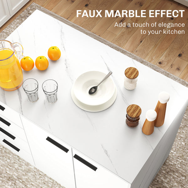 Kitchen island with storage unit, 4 drawers and adjustable shelf in marble effect and white