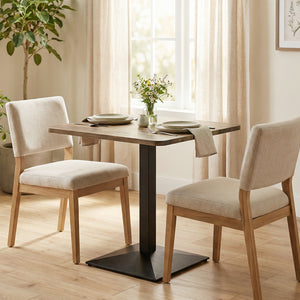 Square dining table with steel base, compact and space-saving, walnut-look.