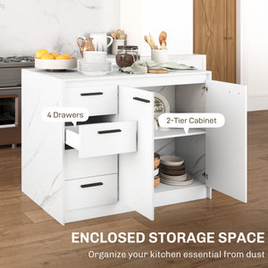 Kitchen island with storage unit, 4 drawers and adjustable shelf in marble effect and white